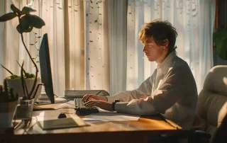 a person is sitting at a desk, typing on a computer and working on a government resume in omaha.