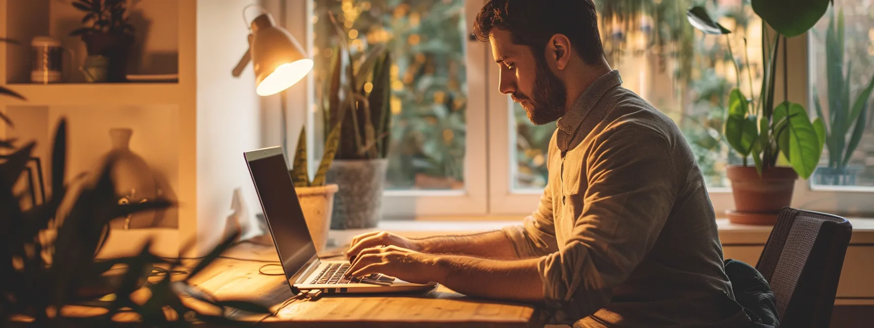 a person sitting at a desk, typing on a computer with a laptop and resume in front of them, looking focused and determined.